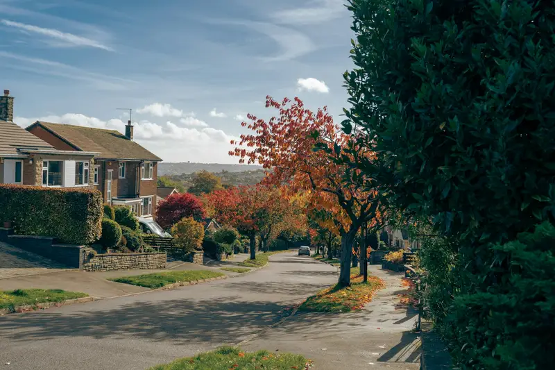 A residential street of brick houses